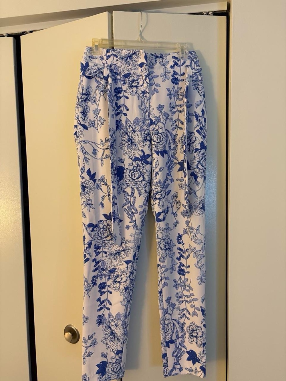 New York & Company White Pants with Blue Floral Print